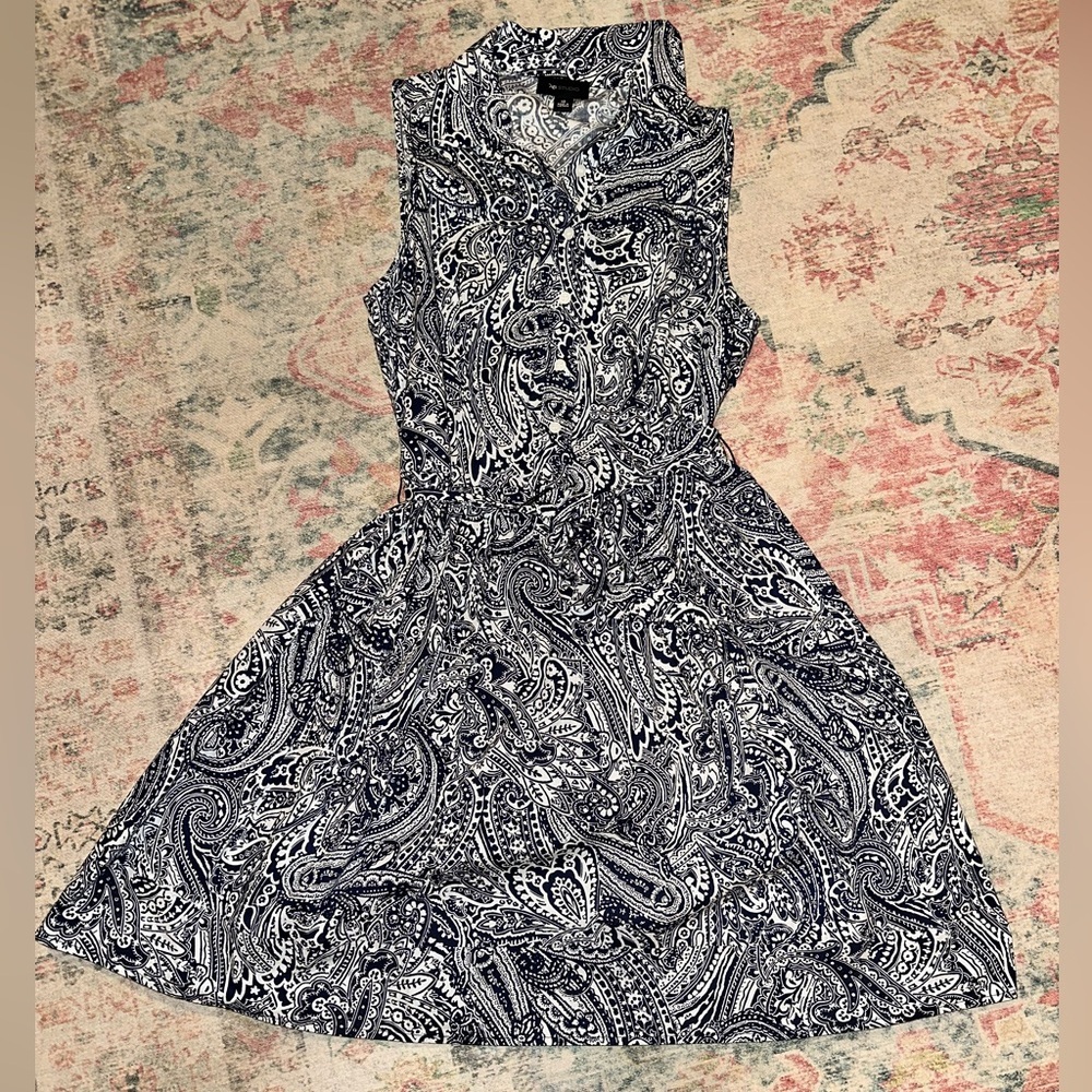 AB Studio Sleeveless Paisley Shirt Dress | Size 12 | Navy & White |Cotton Blend